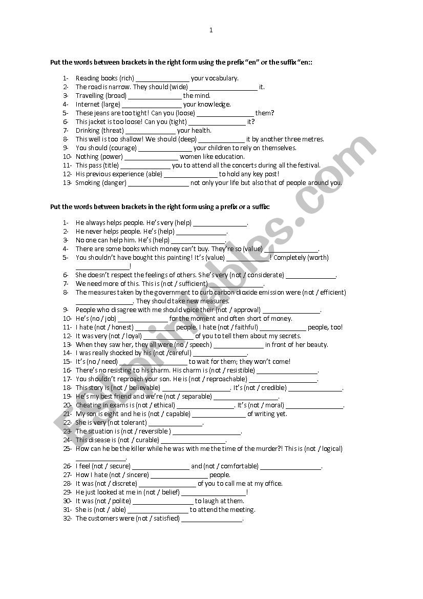 affixes worksheet