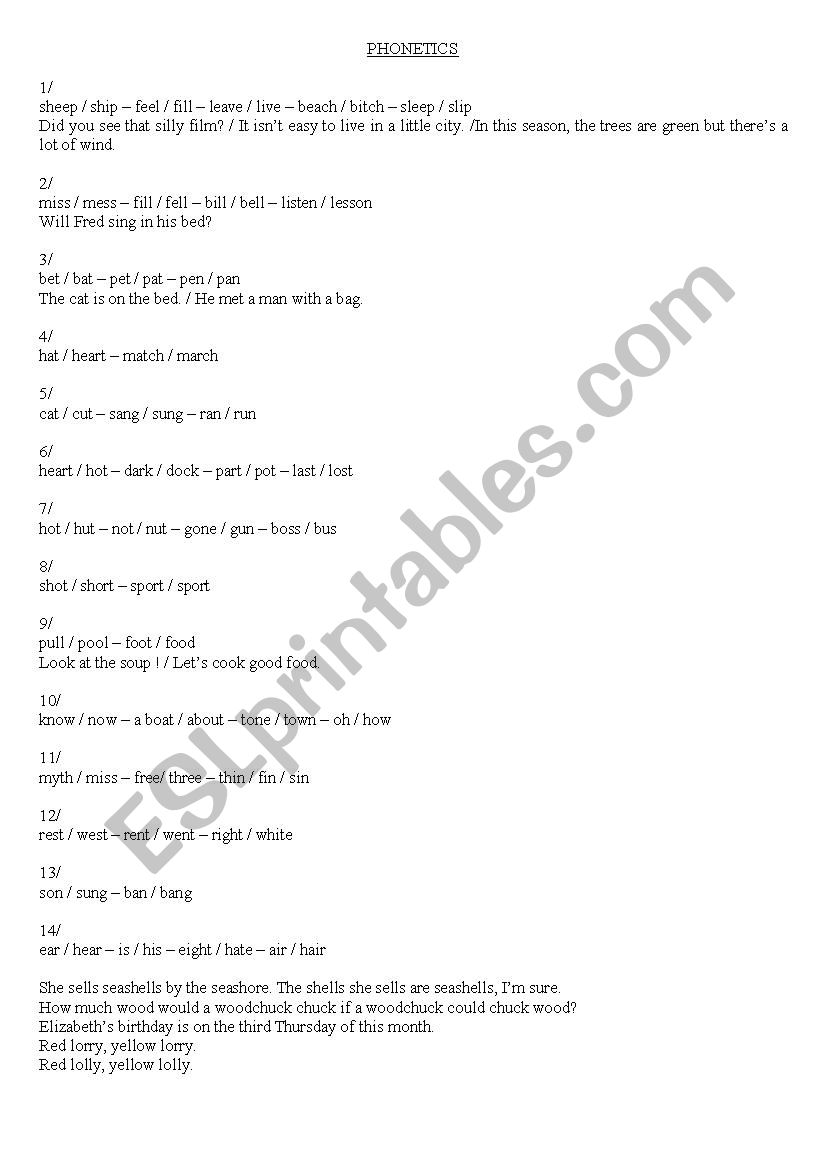 Minimal pairs worksheet
