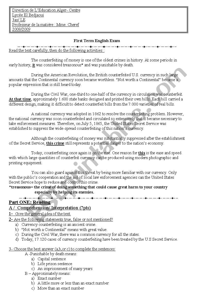 Counterfeiting in the USA worksheet