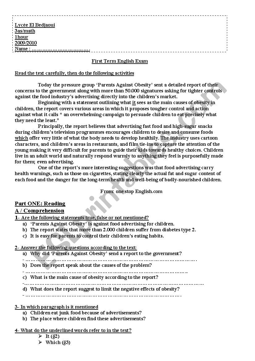 Child obesity worksheet