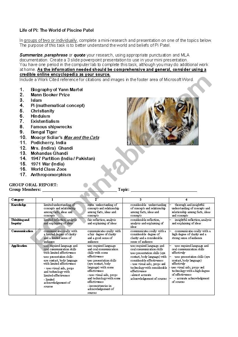 Life of Pi worksheet