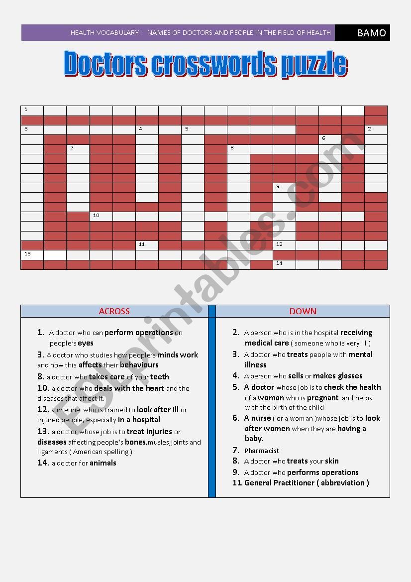 crosswords puzzle: names of doctors