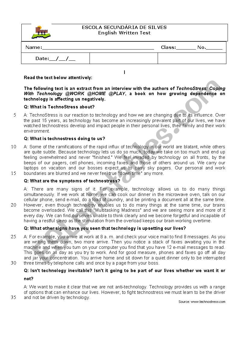 the world of work - test worksheet