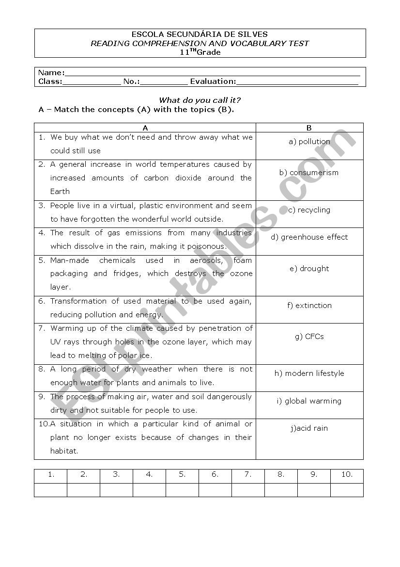 vocabulary test - environment worksheet