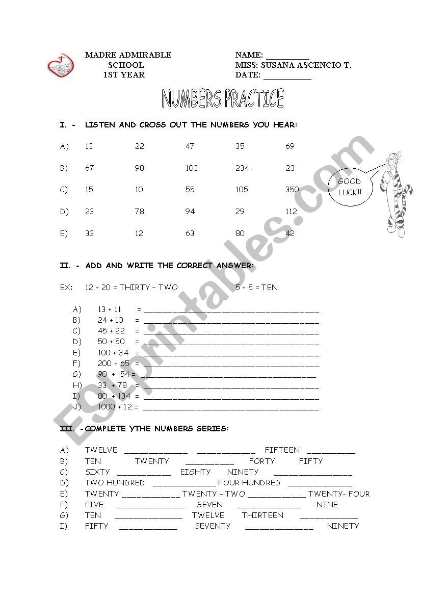 numbers Exam worksheet
