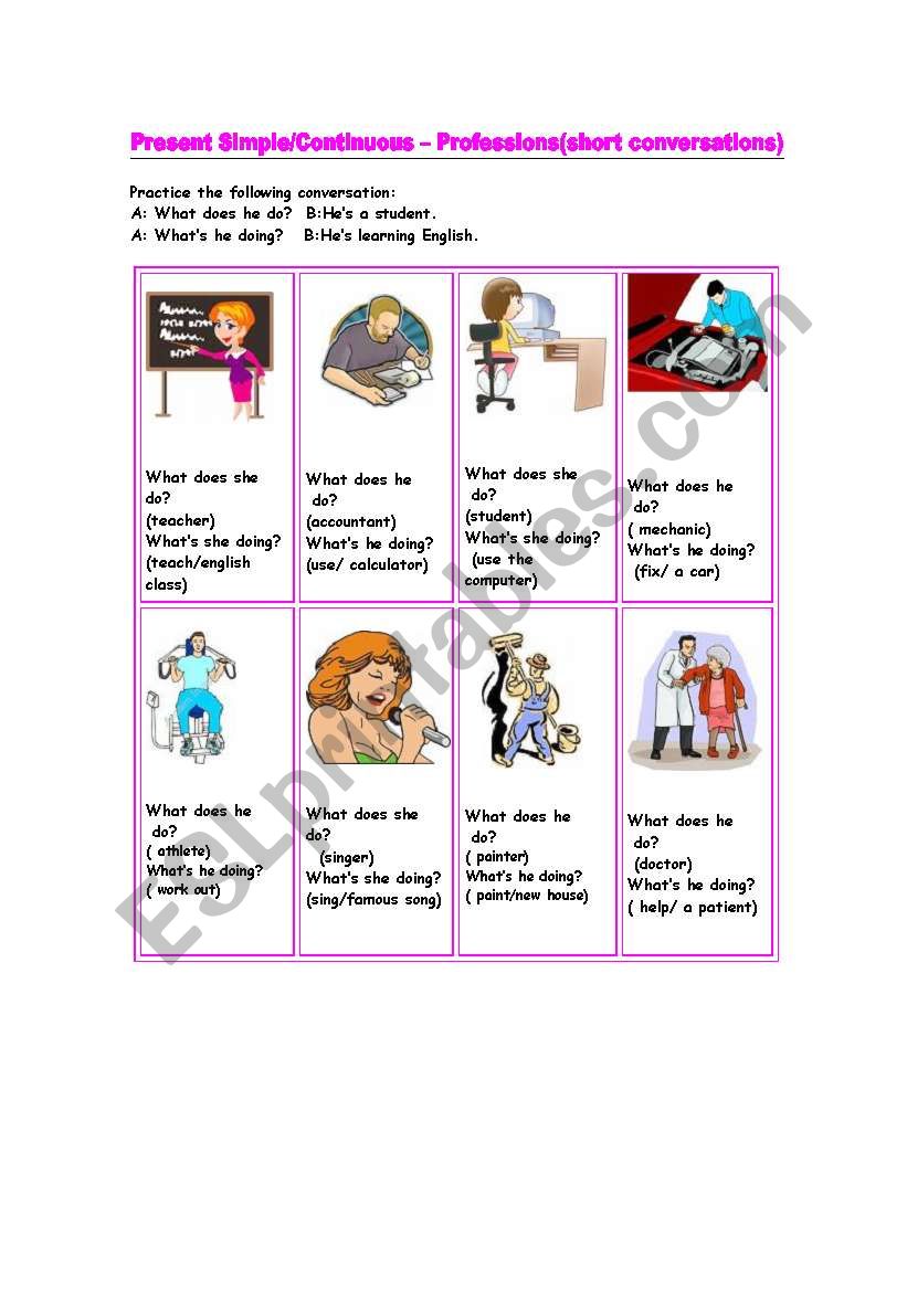 Present Simple/Continuous- Professions I (short conversations)