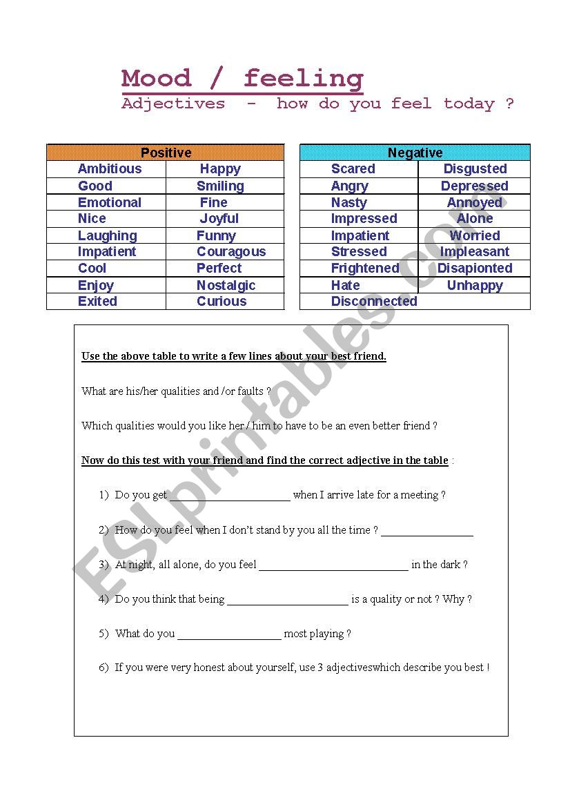 Mood - feeling - adjectives worksheet