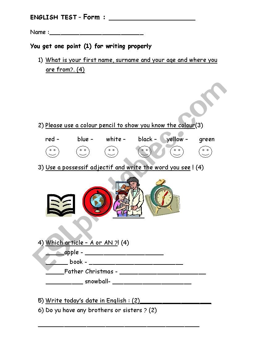  English test for beginners worksheet