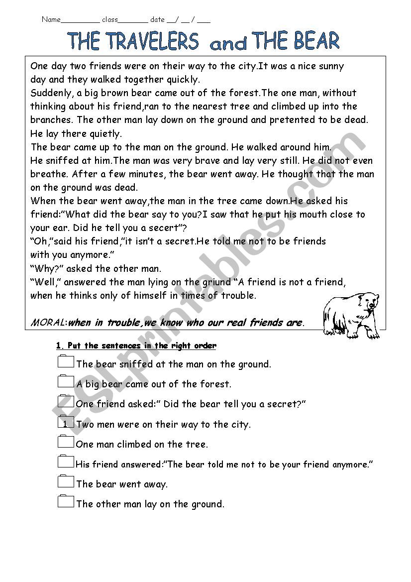 The travelers and the bear worksheet