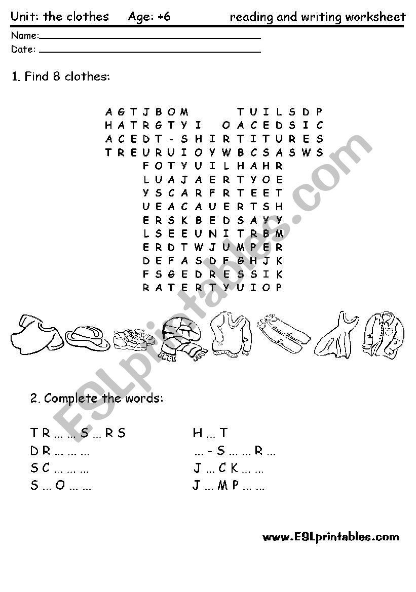 The clothes reading-writing worksheet