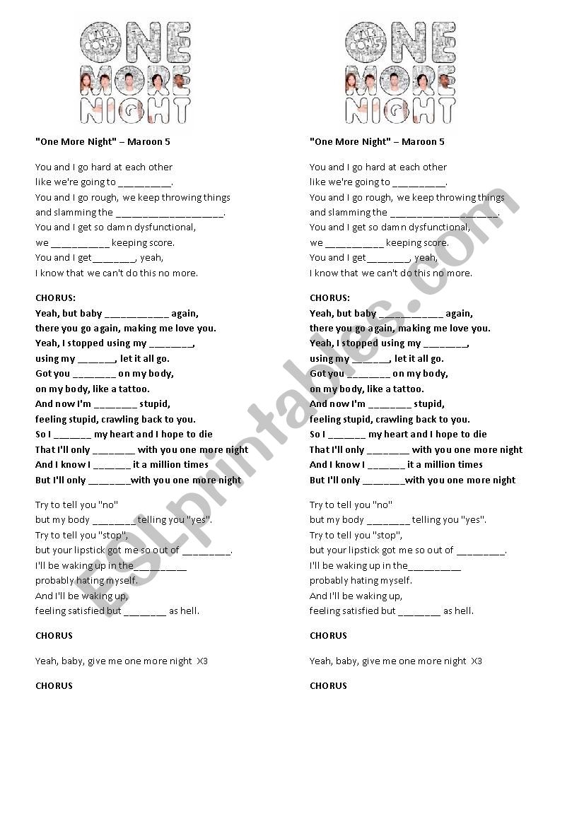Maroon 5 - One More Night (double worksheet/answers)