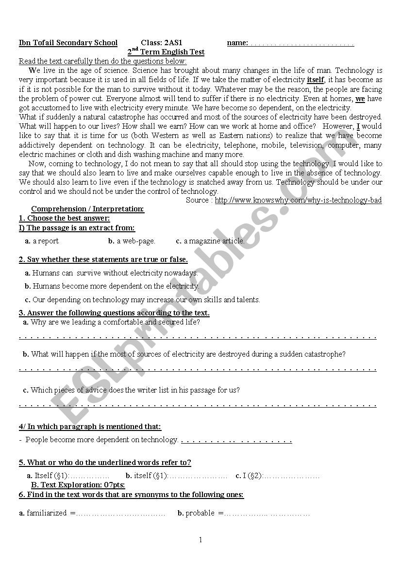 exam worksheet