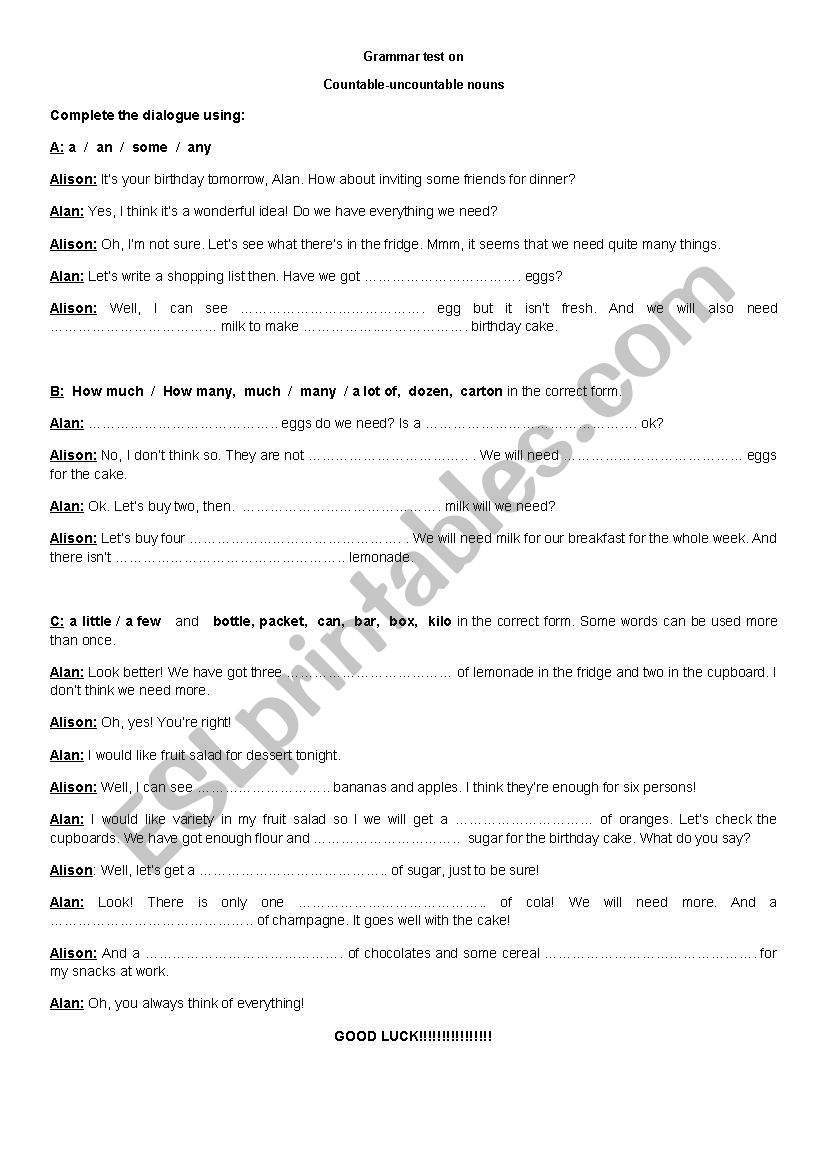 COUNTABLE-UNCOUNTABLE NOUNS worksheet