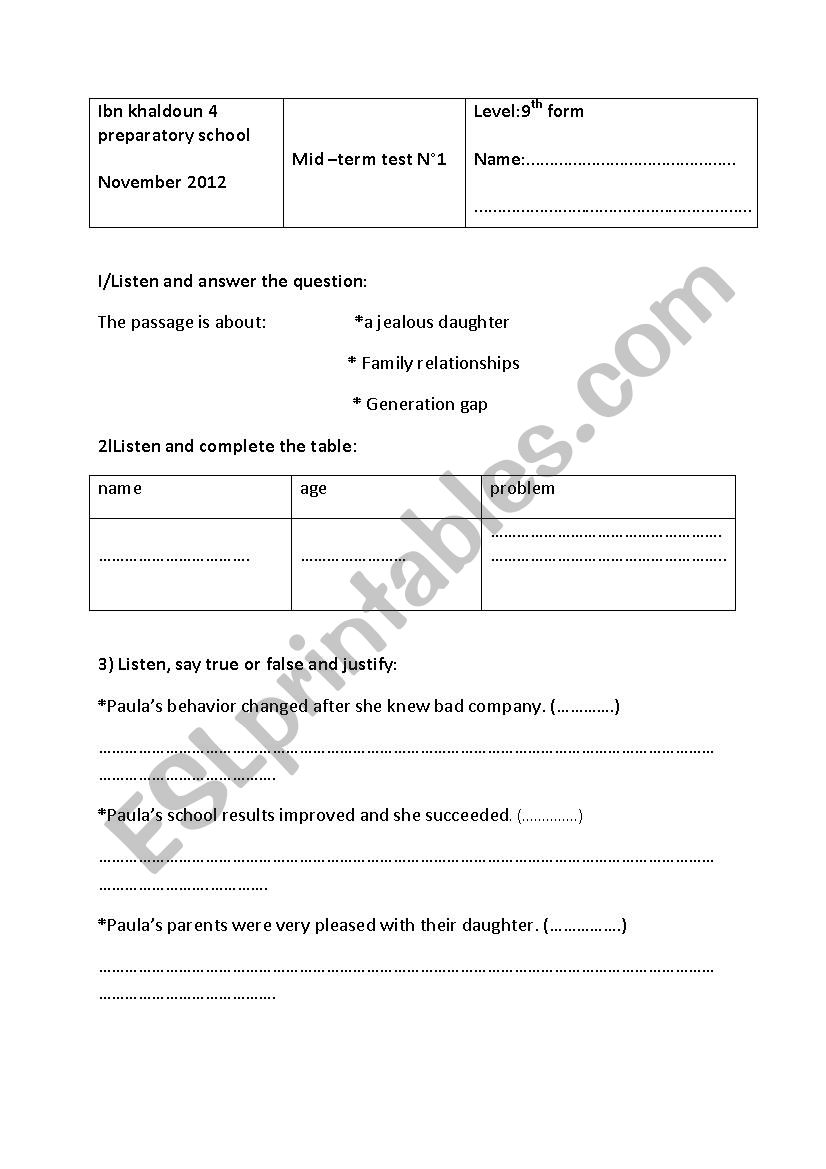 9 th form test worksheet