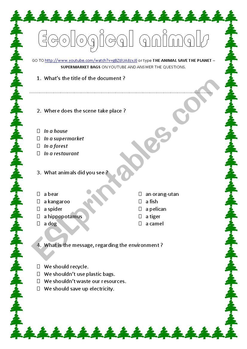 Ecological animals worksheet