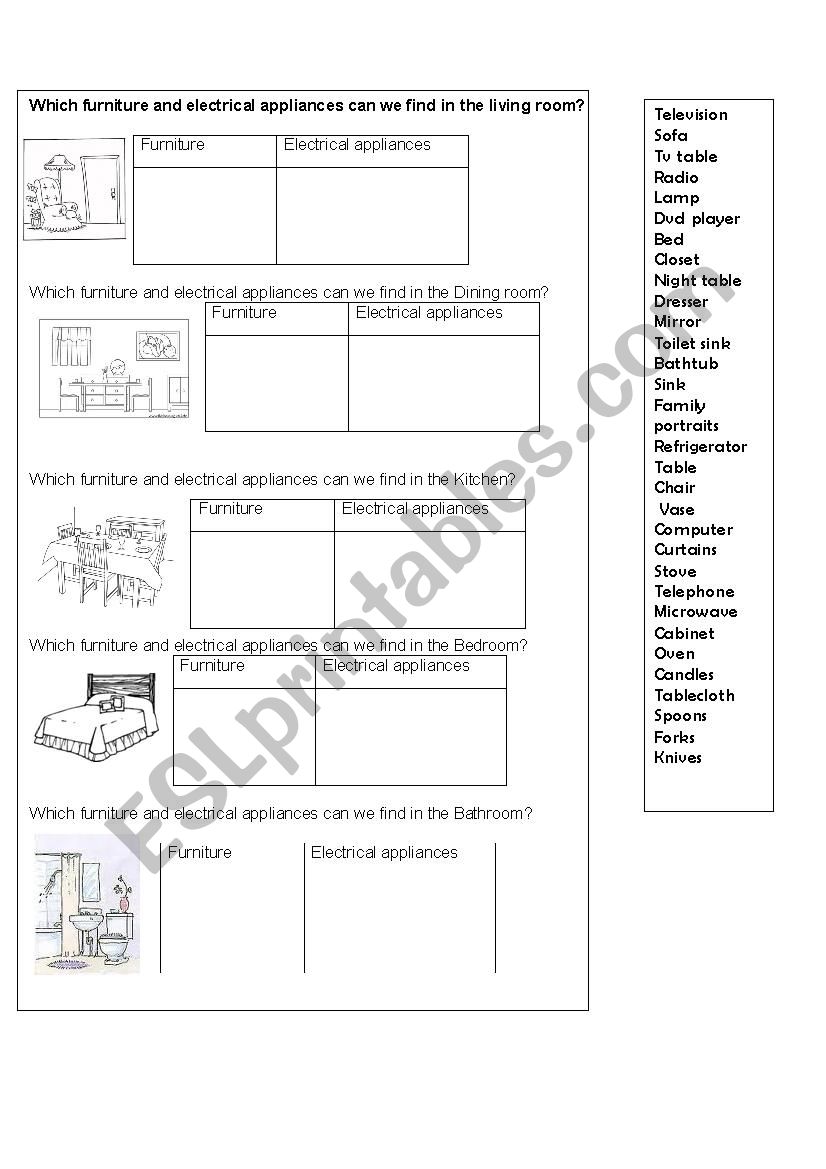 furniture worksheet