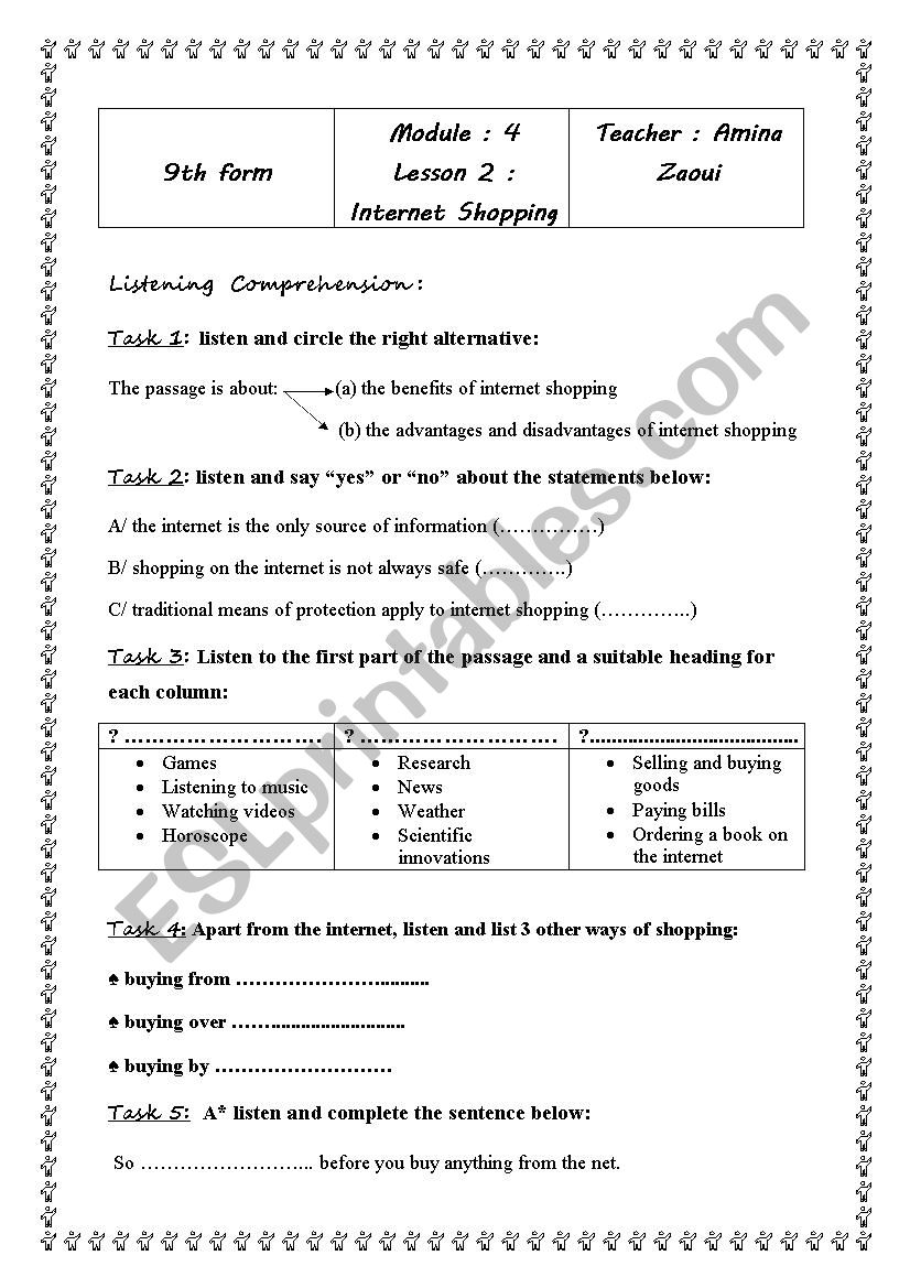 internet shopping worksheet