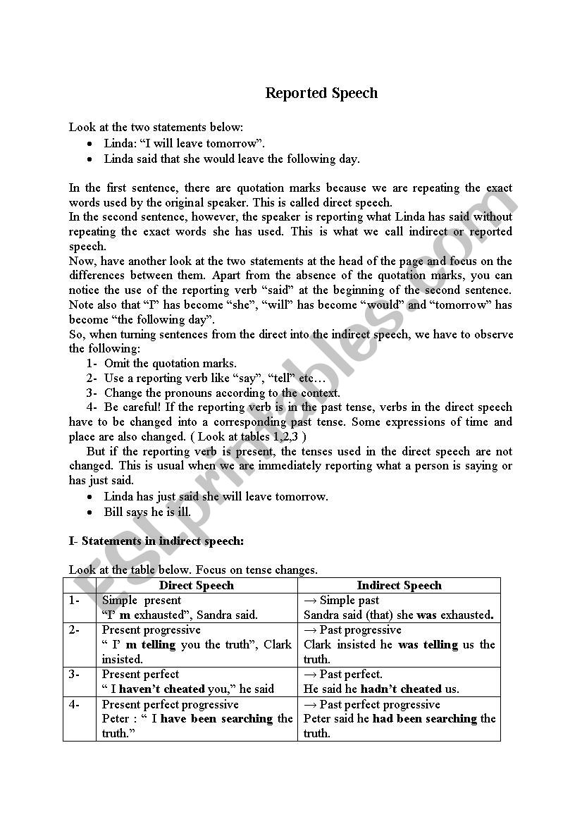 Reported Speech Theory worksheet