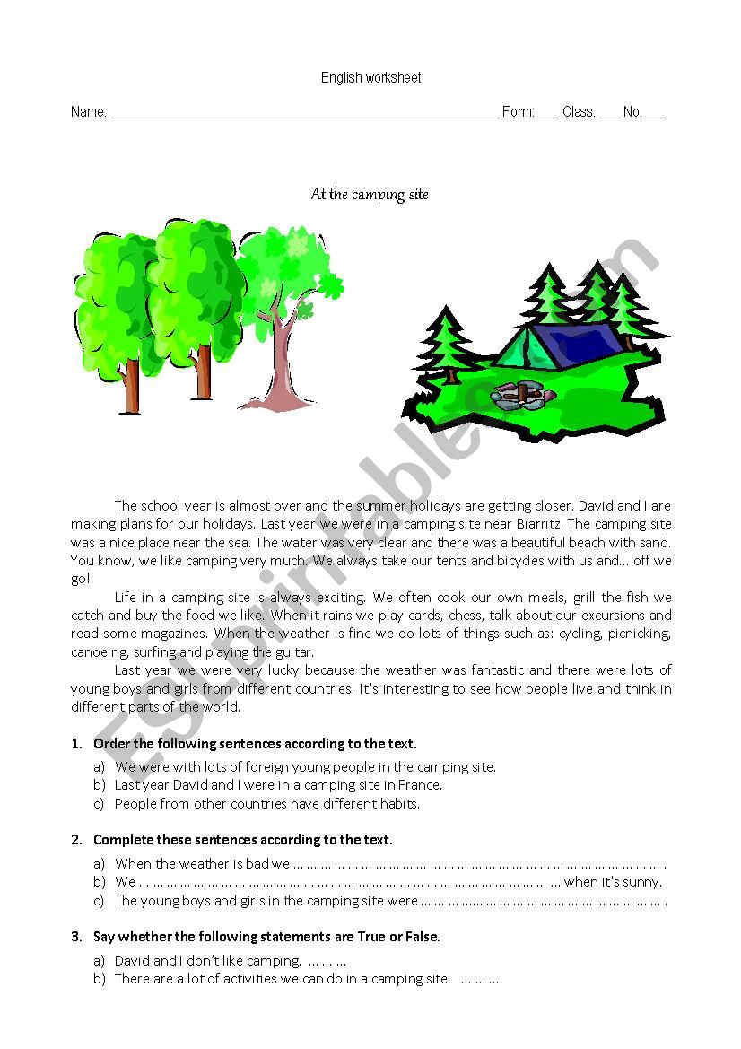 Camping site worksheet