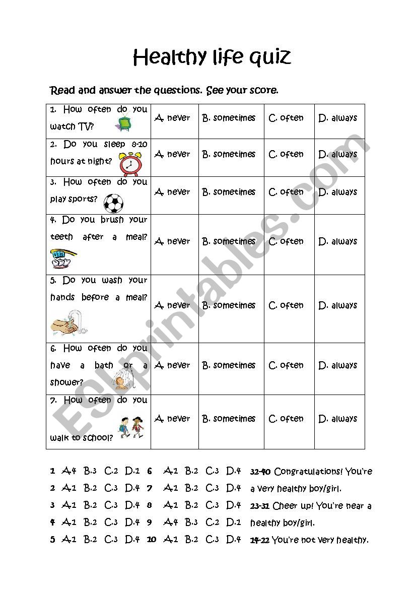 Healthy life quiz worksheet