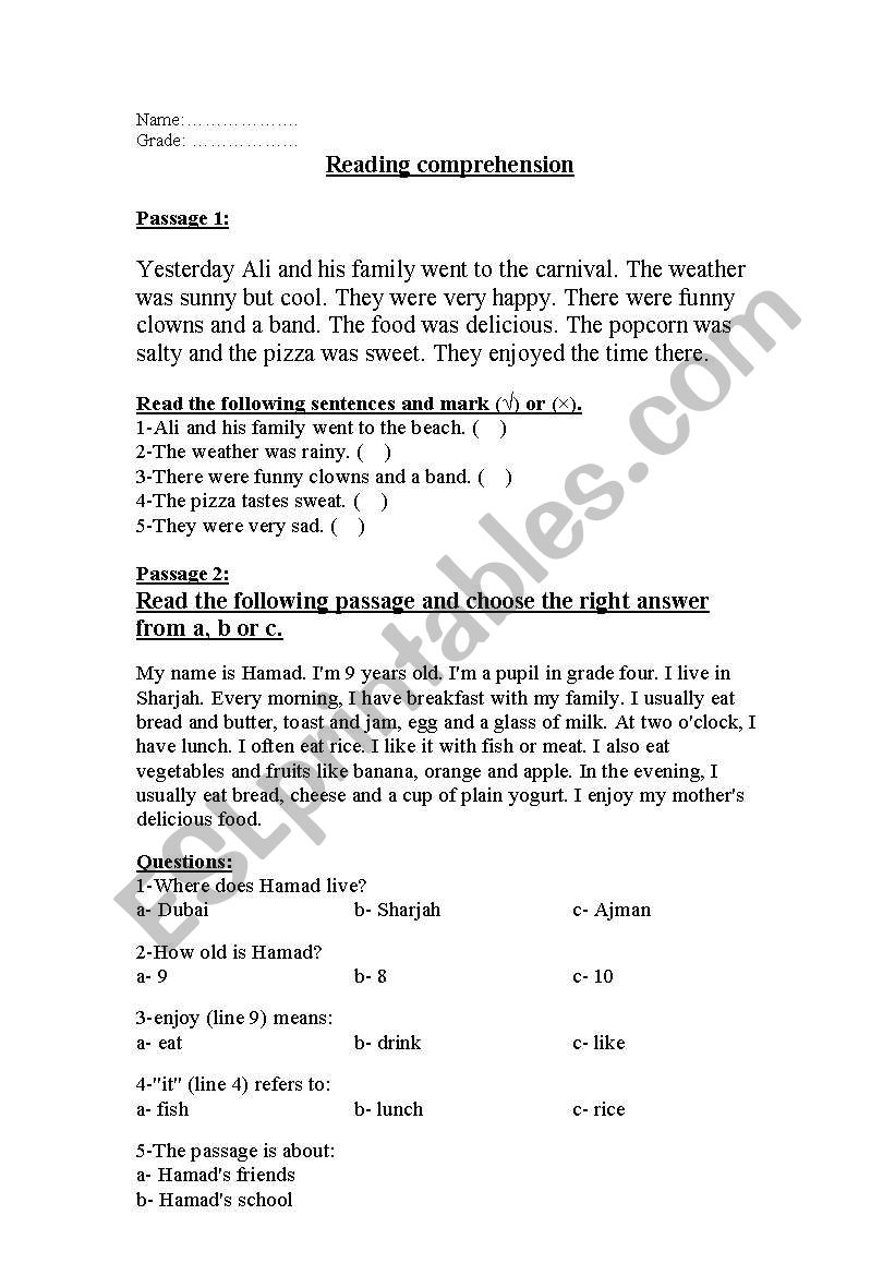 Reading comprehension worksheet