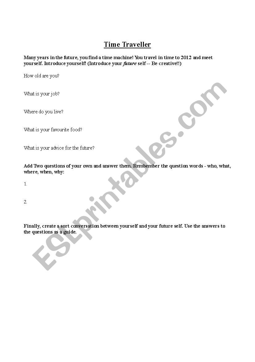 Time traveller activity to practice future tense and questions