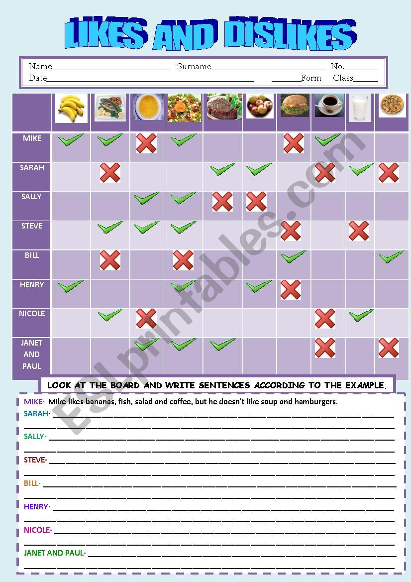 likes and dislikes worksheet