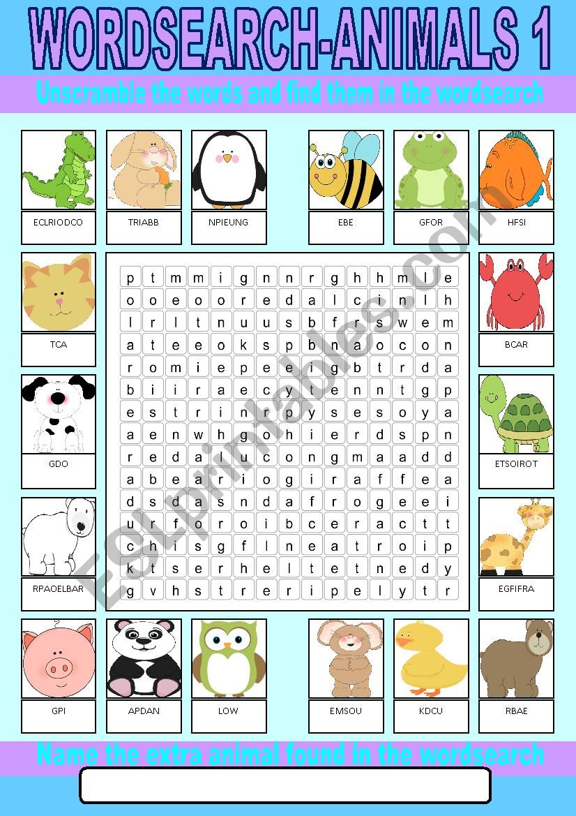Animals 1 Wordsearch worksheet