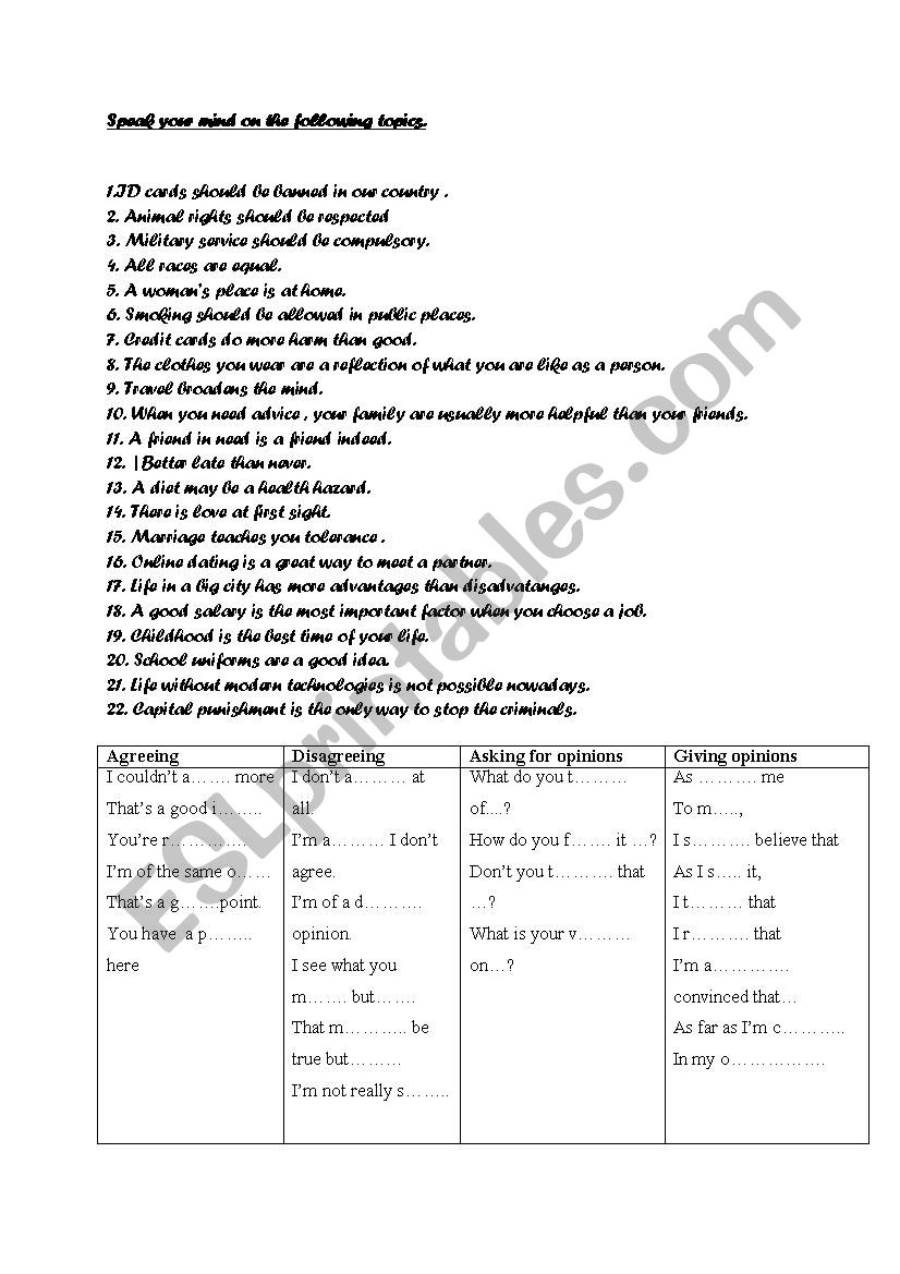 speak your mind worksheet