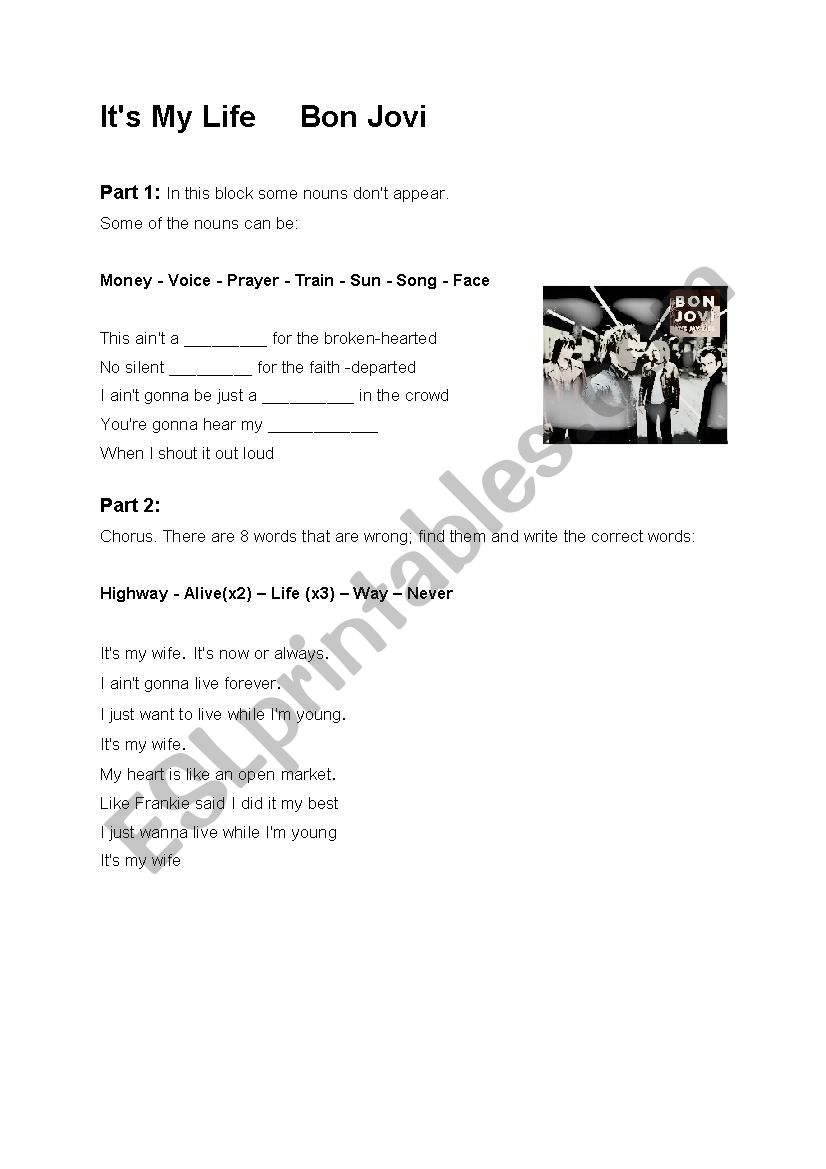 Bon Jovi Its my life worksheet