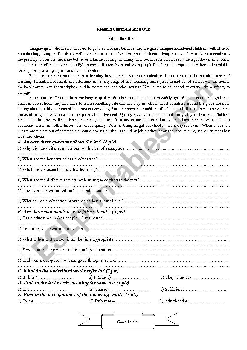 Reading Comprehension Quiz worksheet