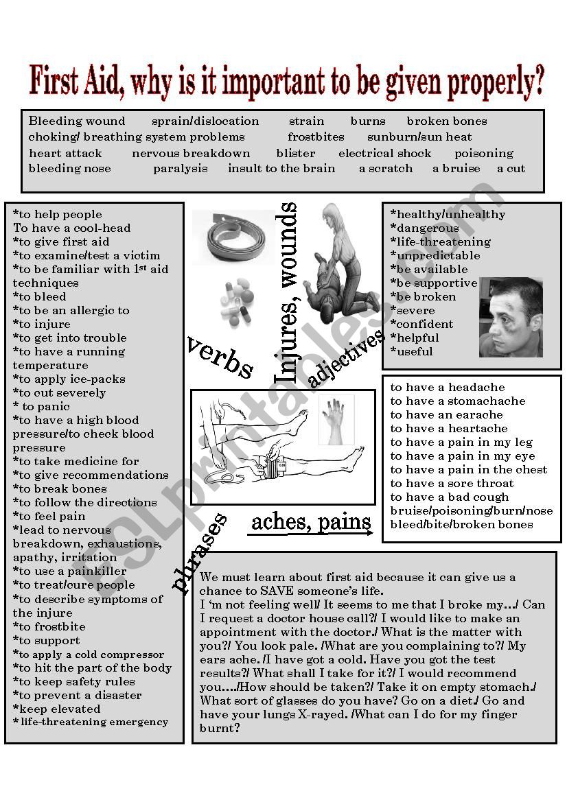 First aid, expressions for language developing activities.