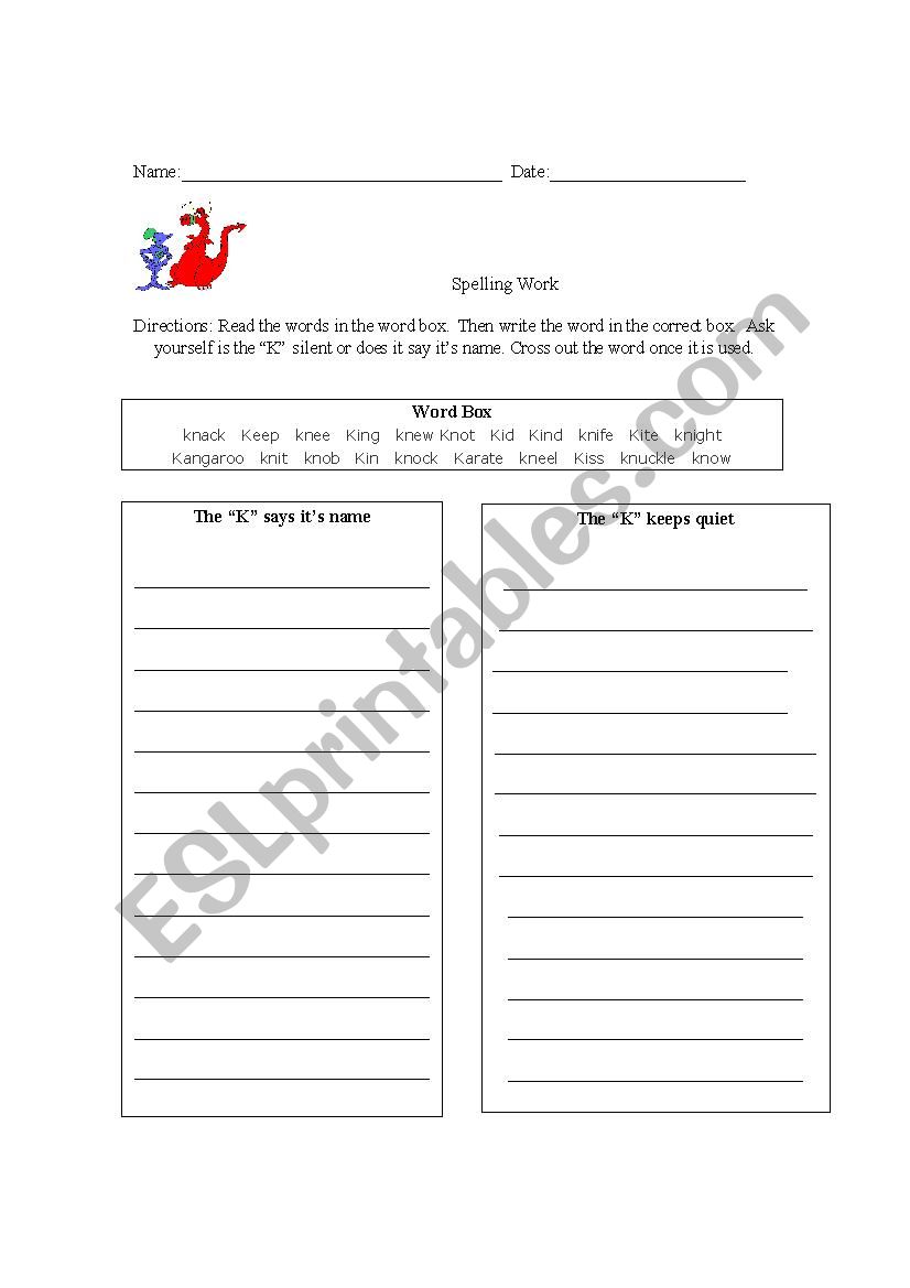 Kn - is the k silent or not worksheet