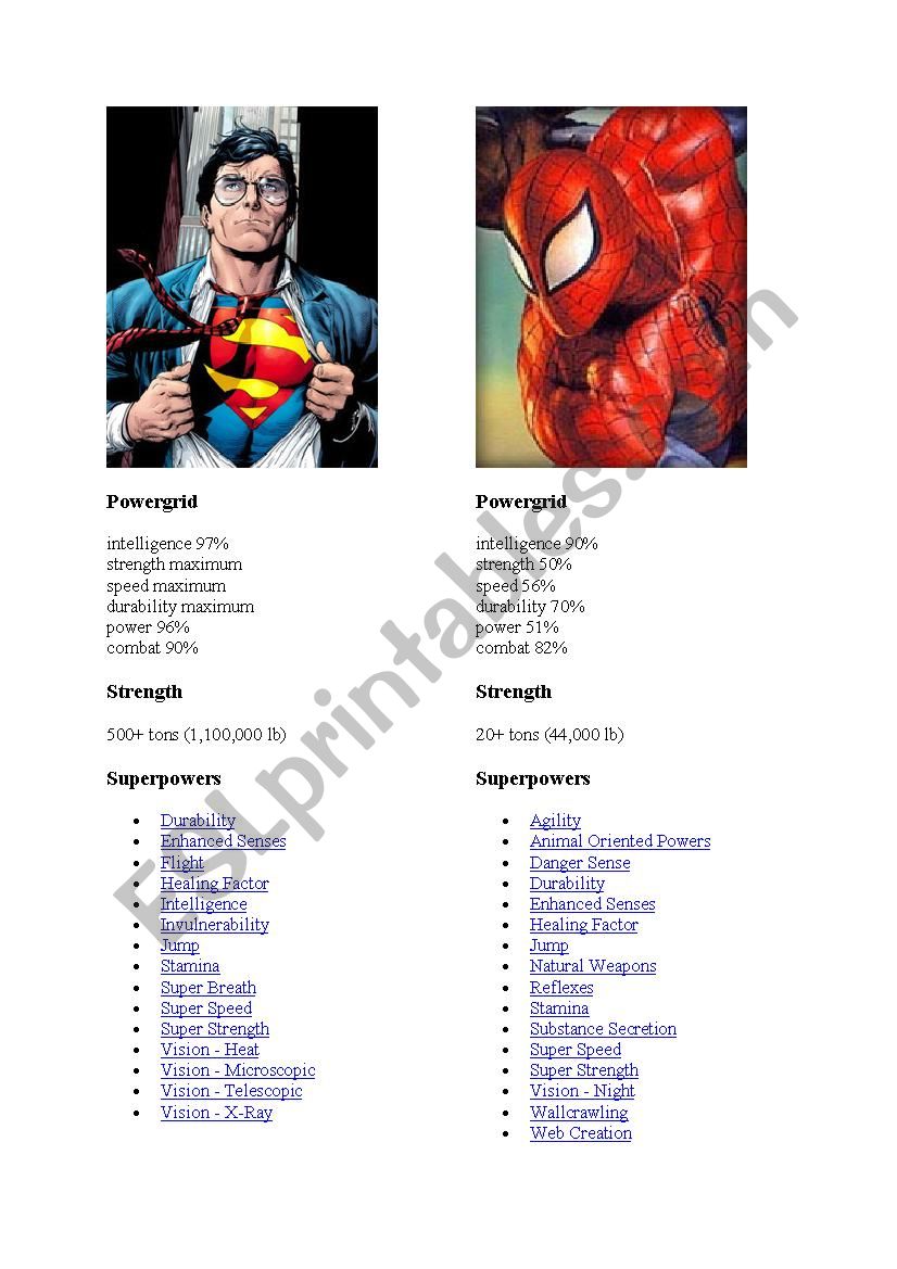 Comparing Supers worksheet