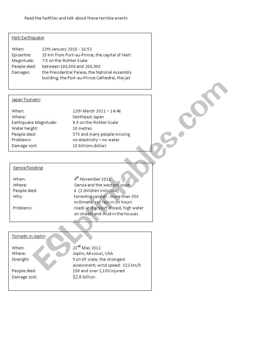 Natural disaster worksheet