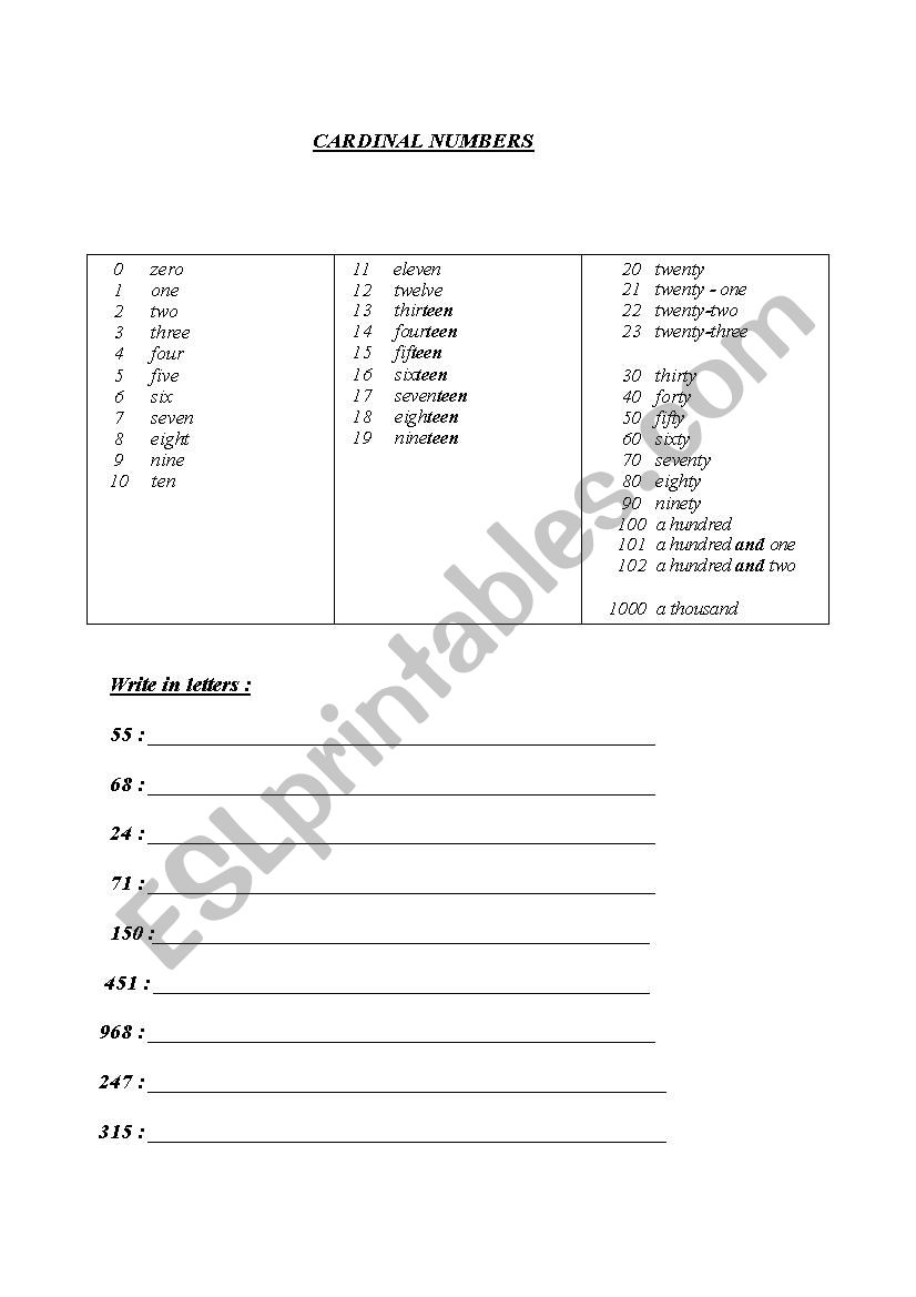 NUMBERS worksheet