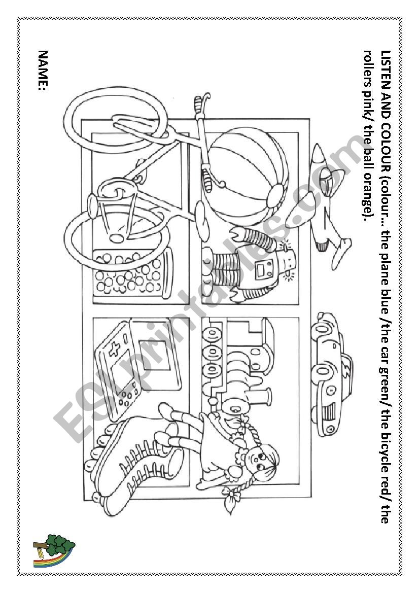 Listeng and colour the toys worksheet