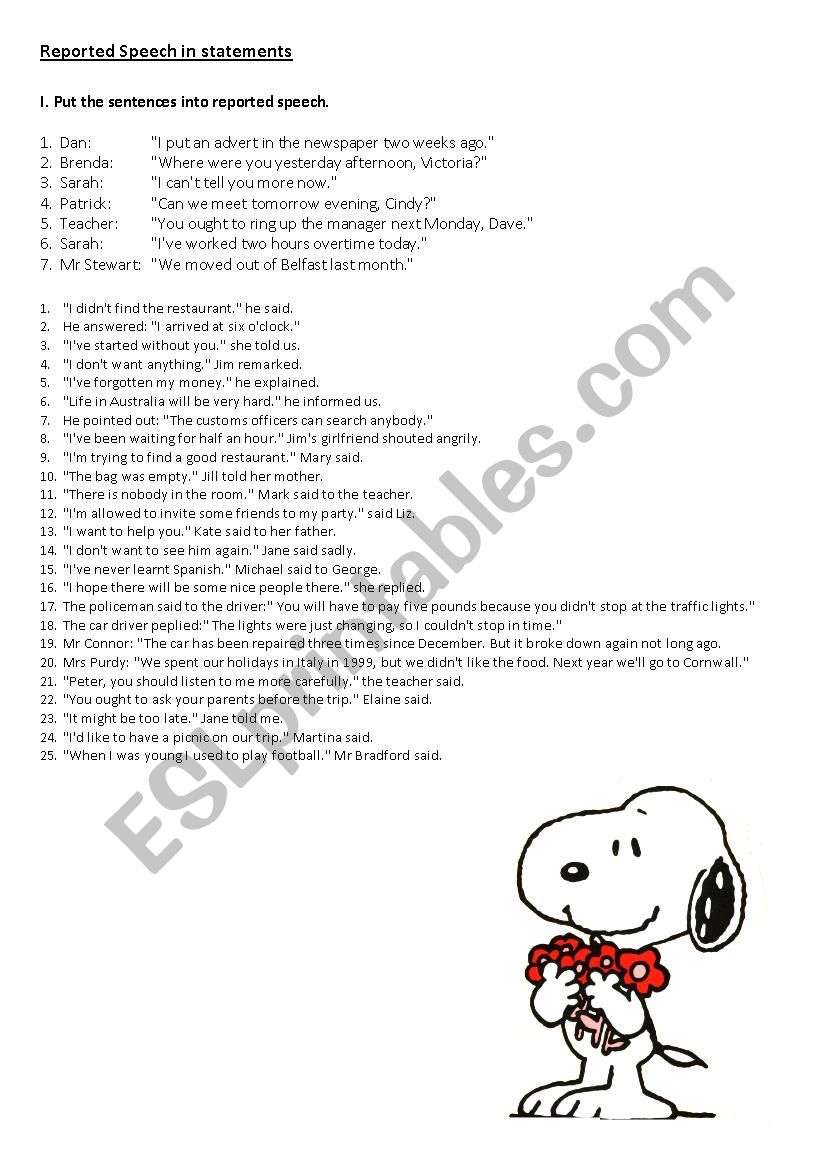 Reported Speech statements  worksheet