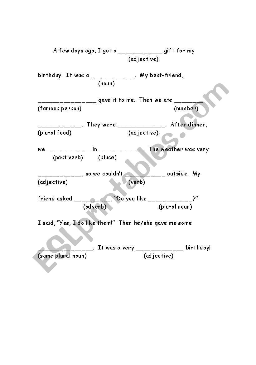 Fun mad-libs activity worksheet