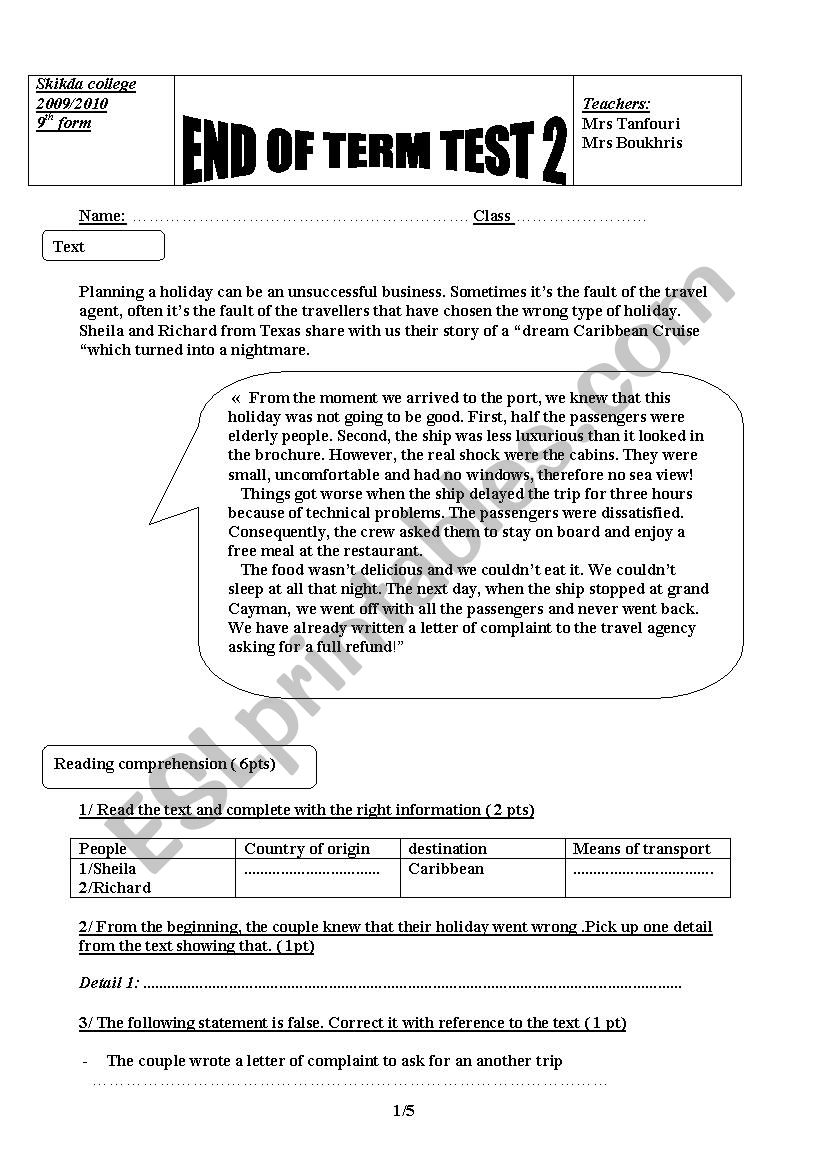 Reading comprehension / second term 9th form