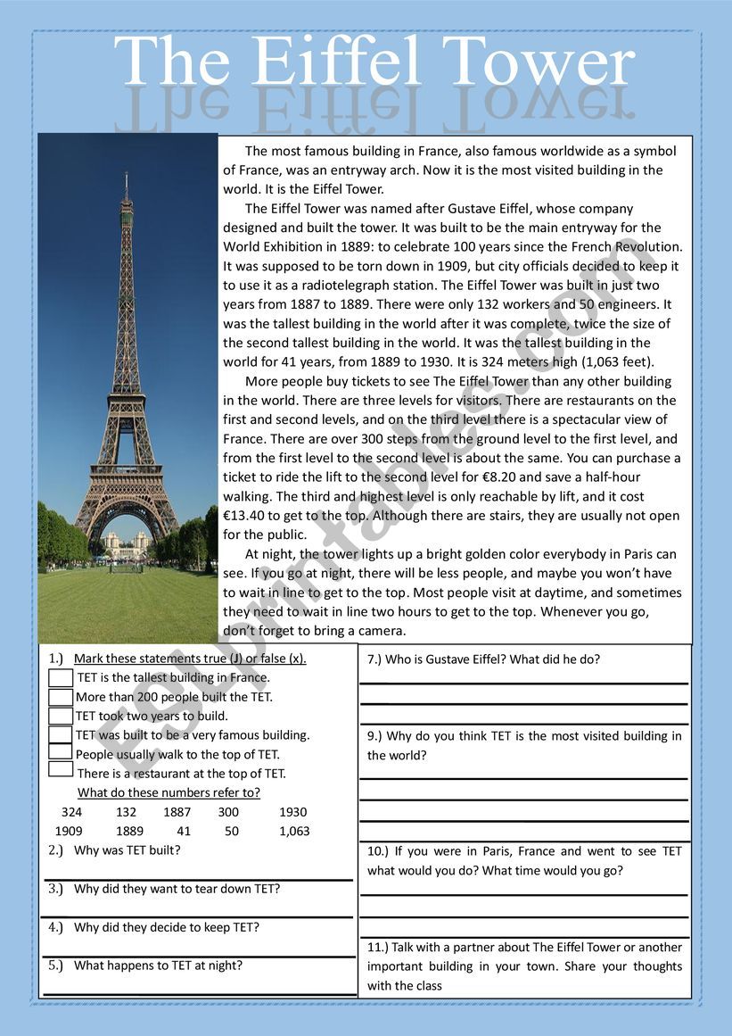 The Eiffel Tower Reading Comprehension Practice Exercises 