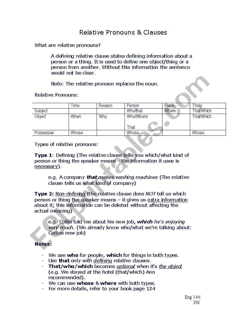 Relative Clauses Handout worksheet