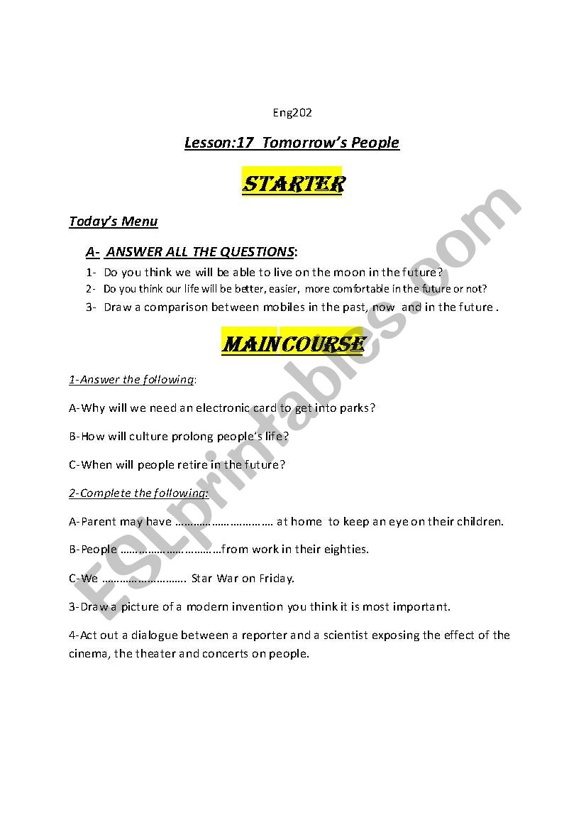 food menu worksheet