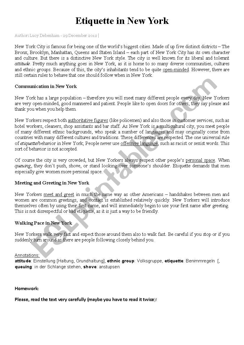 Etiquette in New York worksheet
