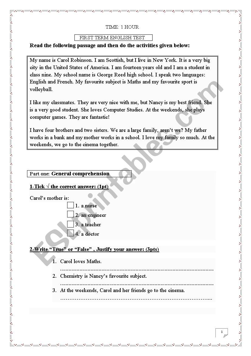 Test for Secondary School Students