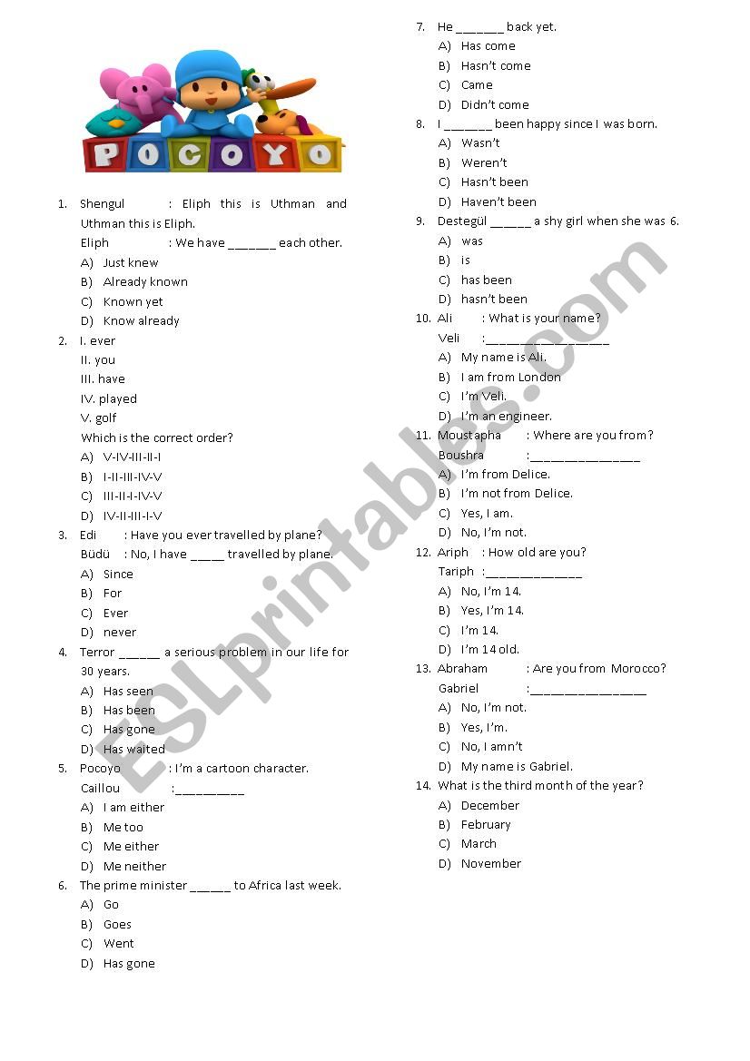 PRESENT PERFECT MULTIPLE CHOICE TEST