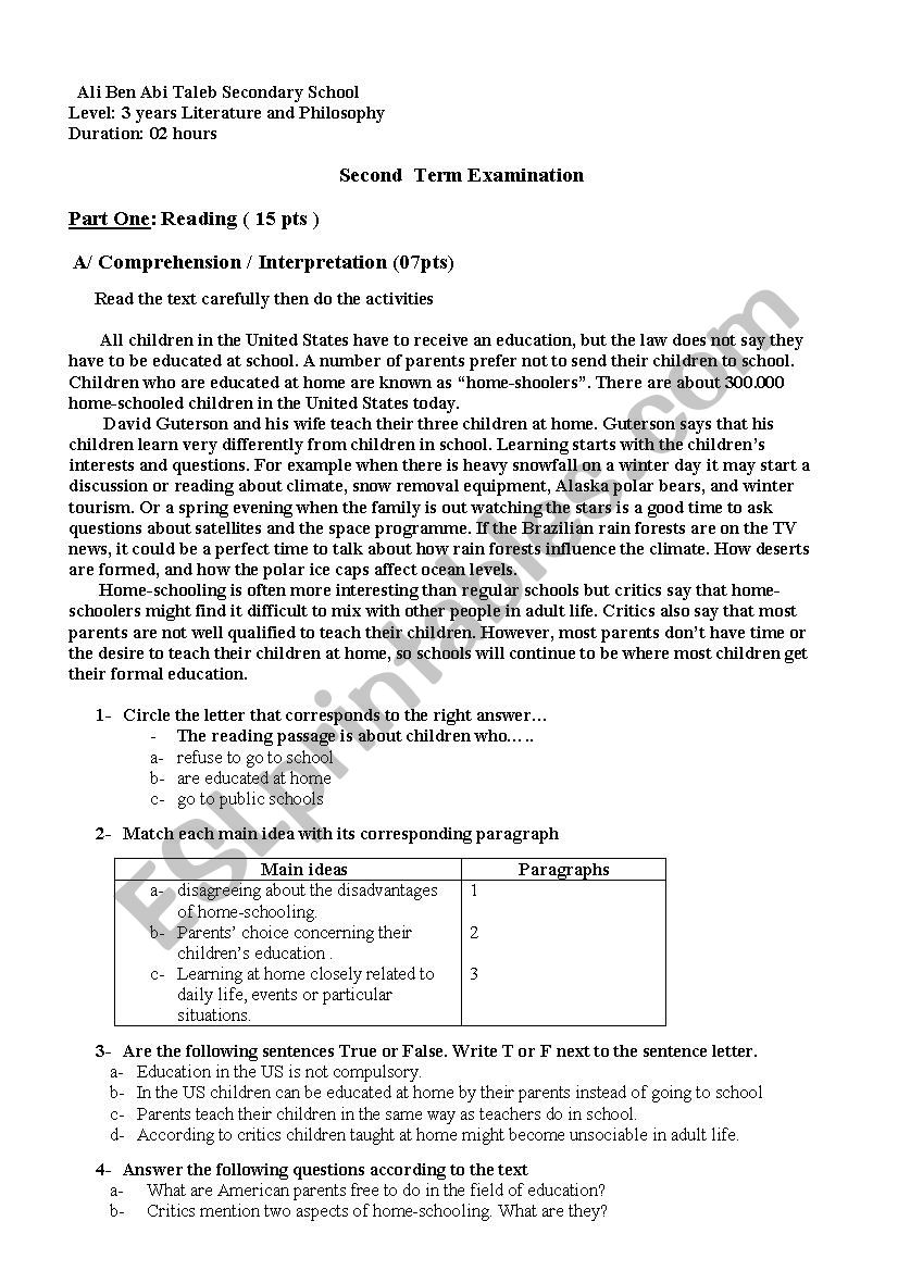 exam  worksheet