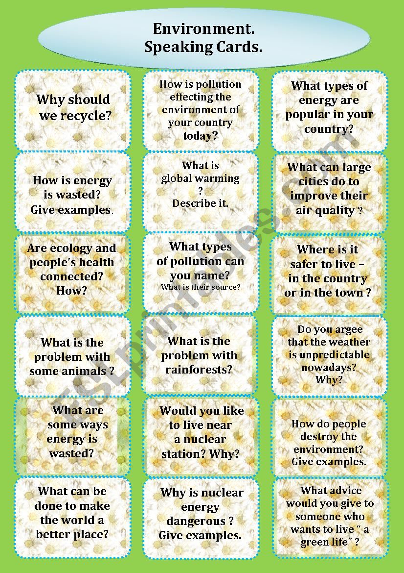 Environmental Issues. Speaking Cards. Intermediate.