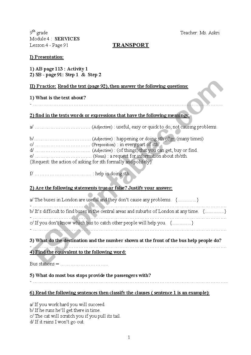 Transport . Module 4 . Lesson 4 . 9th grade