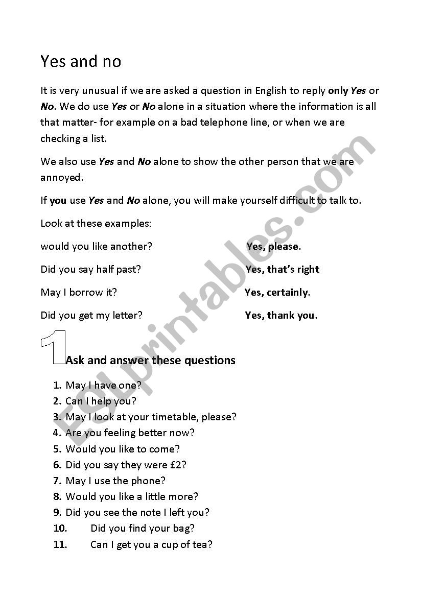 Survival English: Yes or No worksheet